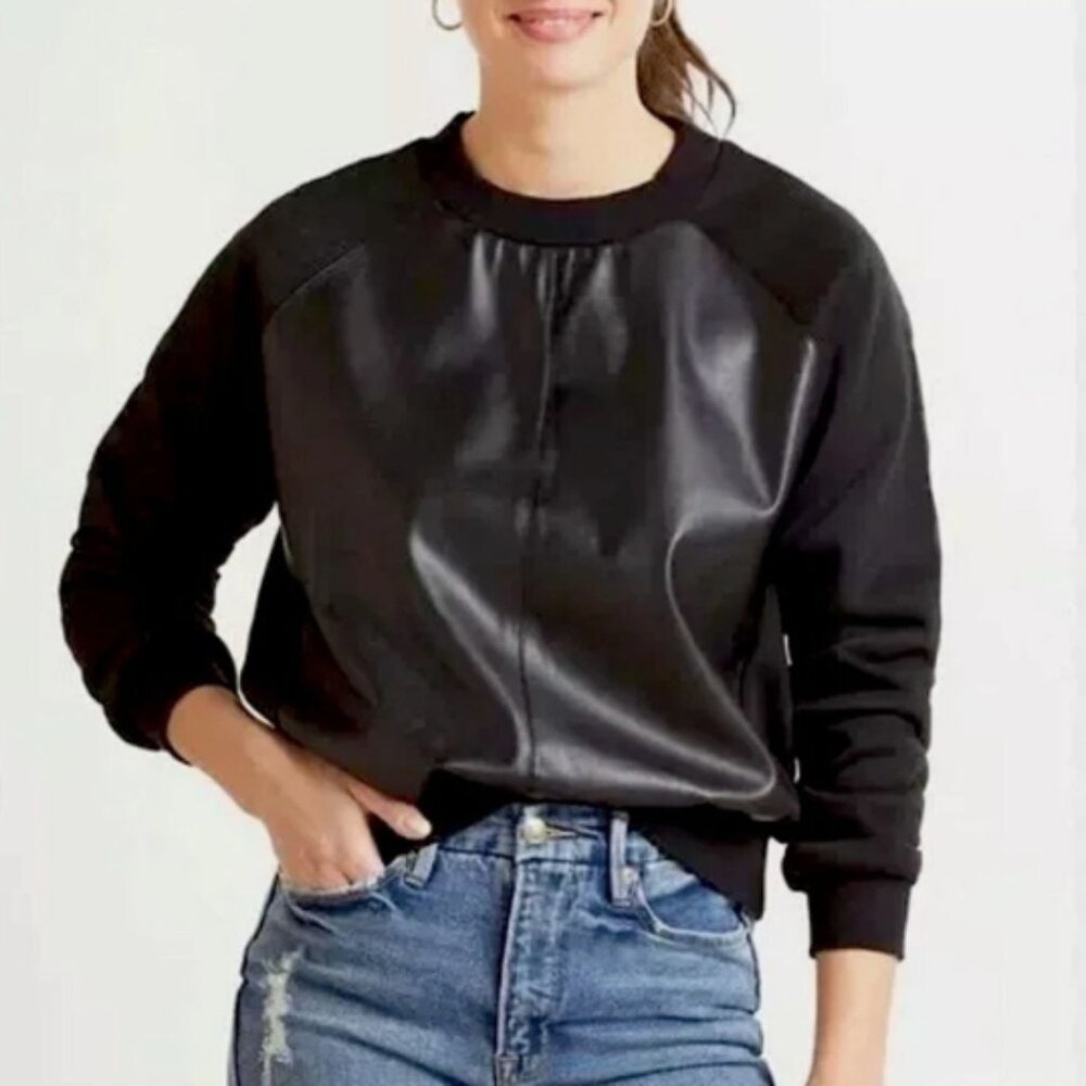 Evereve Black Faux Leather Panel Sweatshirt